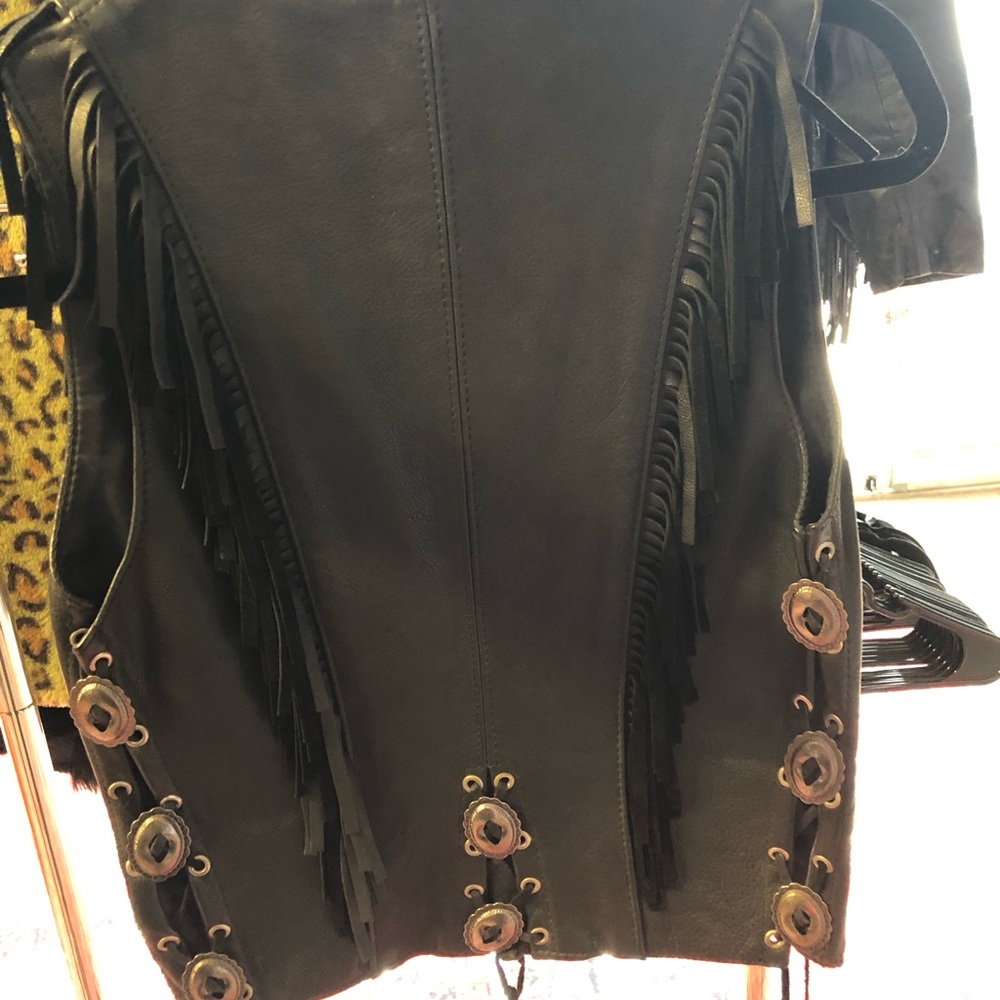 Vintage Black Leather fringe concho vest XS biker jacket